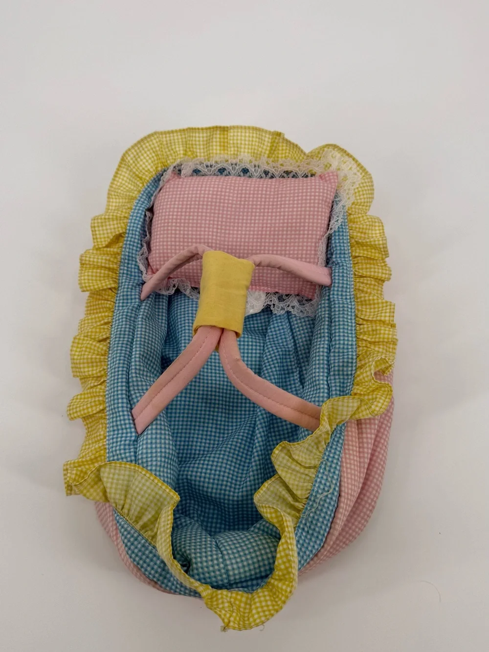 Kids Multicolor Ruffled Doll Carrier Gingham Pink Blue Yellow Pretend Play Toy